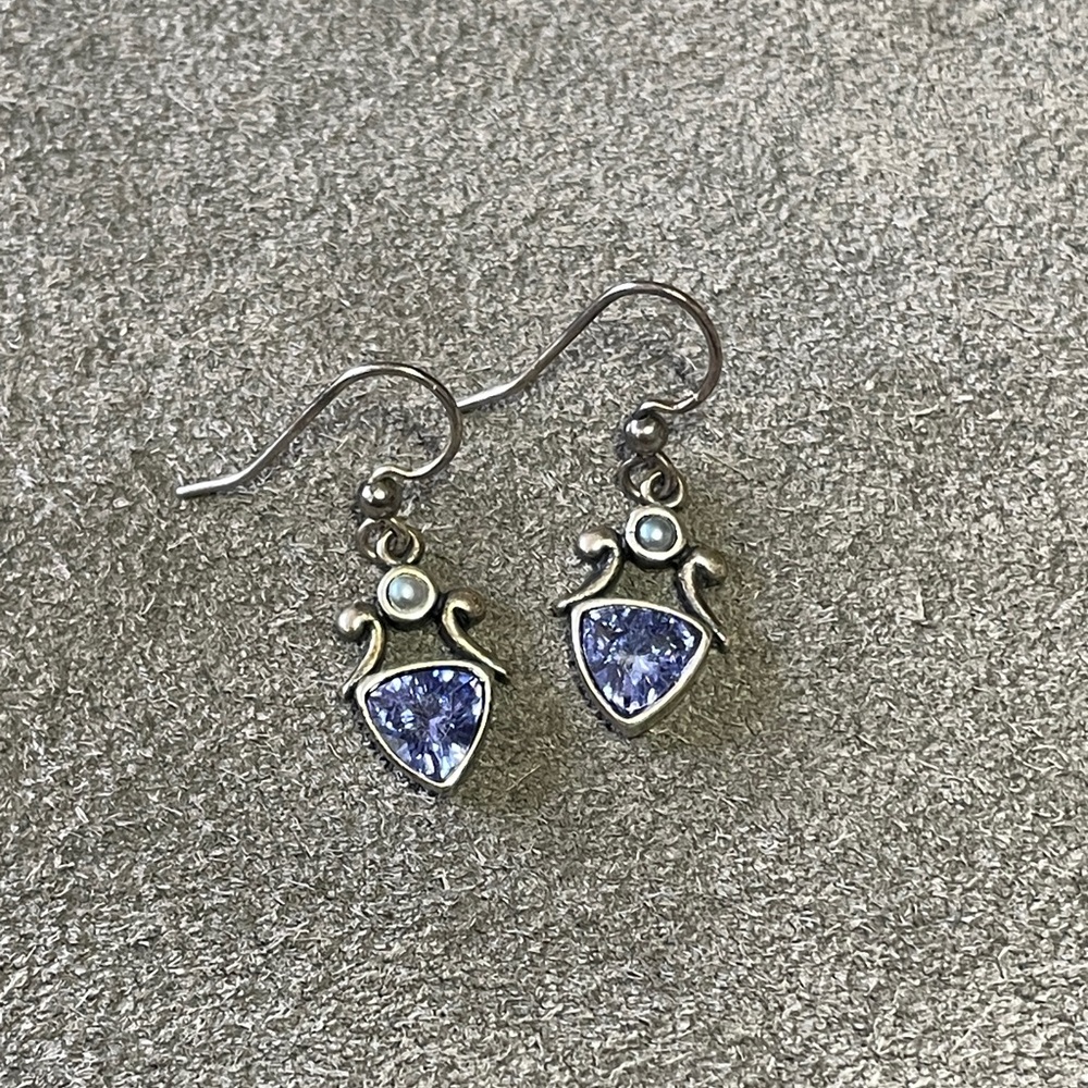 Pearl and Tanzanite-like gemstone Earrings in Sterling Silver